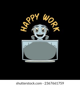 Feliz ilustración de vector de trabajo con laptop, hombres trabajadores y expresión de sonrisa