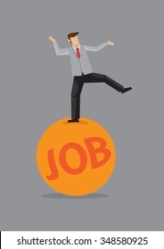 Happy worker balancing on one leg on a big orange, exercise ball with text JOB on it. Creative vector illustration for metaphor on being on the ball at one's job isolated on grey background.