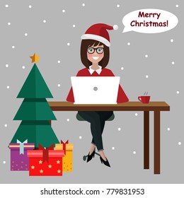 Happy worker bussines woman with Santa hat typing on laptop and wishing "Merry Christmas". Vector flat style illustration for greeting card, banner or social media.