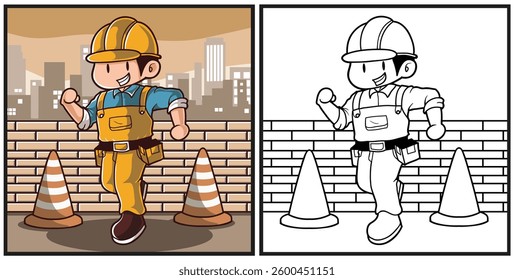 Happy worker character coloring page illustration