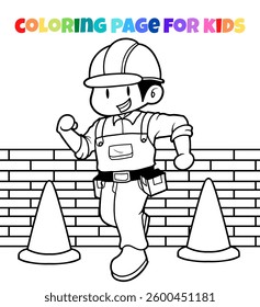 Happy worker character coloring page illustration