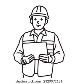 Happy worker with clipboard. Male worker. Young construction worker foreman carrying clipboard. Building constructor concept.