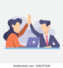 Happy worker congratulate team celebrate together Celebration  and congratulate in successful business, flat cartoon vector illustration.