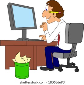 Happy IT Worker at desk working on computer