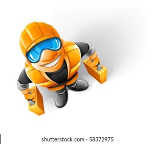 happy worker in helmet with suitcase looking upwards vector illustration