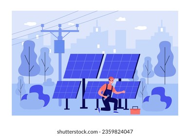 Herzlichen Glückwunsch, dass der Arbeitnehmer Solarpaneele außerhalb der Vektorgrafik installiert. Cartoon Zeichnung des Menschen in Uniform, alternative Energiequelle, Solarenergie. Ökologie, Technologie, Nachhaltigkeitskonzept