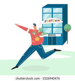 Happy worker loses a hated job and goes away from office. Man discharged for bad work, last day at work. Boss fired employee; dismissal of work, unemployment, jobless, crisis concept. 