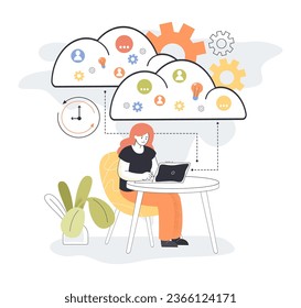 Guter Arbeiter, der Dateien über die Vektorgrafik des Cloud-Weltraums verwaltet. Cartoon Zeichnung von Mädchen mit Laptop verbunden mit digitalem Speichersystem. Netzwerk, Cyberspace, Datenbank, Technologiekonzept