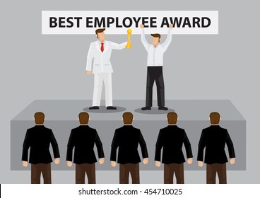 Happy worker on stage to receive golden trophy for Best Employee Award from employer. Vector cartoon illustration on recognition for good employee concept isolated on grey background.