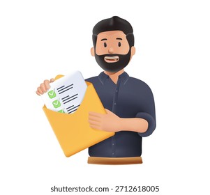Paquete de documentos de cartas de apertura de trabajador feliz. Hombre de negocios que recibe una notificación con documentos y correos electrónicos, Ilustración vectorial de render 3D. Un hombre de negocios en el escritorio recibiendo notificación