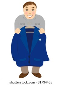 Happy worker standing with a dark blue jacket in hands.