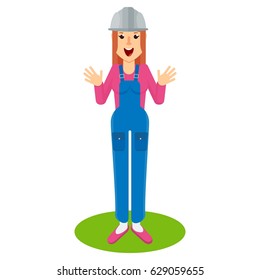 Happy worker woman. Flat vector cartoon illustration. Objects isolated on a white background.