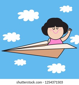 Happy Worker Woman Leaving For Holiday By Paper Airplane And Waving Hand To People Below Concept Card Character illustration