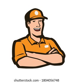 Happy worker in work uniform logo. Service concept