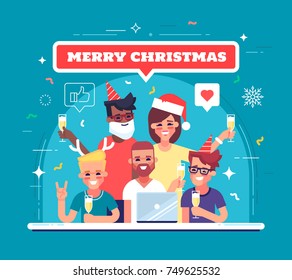 Happy workers are celebrating Christmas and New Year. Xmas party. Festive illustration for greeting card, banner or social media. Vector.