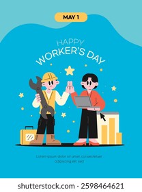Happy Worker's Day Celebration Cute and simple style. Engineer, office worker.