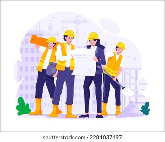 Happy Workers Day. Construction workers work together to build a building. Labour Day On 1st May. Vector Illustration