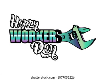 Happy Worker's Day lettering. Cartoon design whith construction tools. Typography vector design for greeting cards and poster. Design template celebration. Isolated Vector illustration.