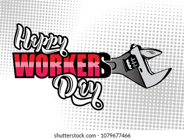 Happy Worker's Day lettering. Cartoon design whith construction tools. Typography vector design for greeting cards and poster. Design template celebration. Vector illustration.