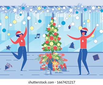 Felices Trabajadores Divirtiéndose. La gente celebra la fiesta de Navidad en el cargo. Bailar en el árbol de Navidad decorado con regalos. Gestores alegres en el lugar de trabajo. Ilustración de vectores planos de dibujos animados de colegas