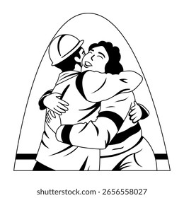 Trabajadores felices que se abrazan entre sí, ilustración del estilo del glifo 