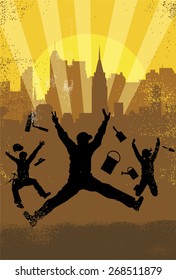 Happy workers jumping with cityscape background, EPS10