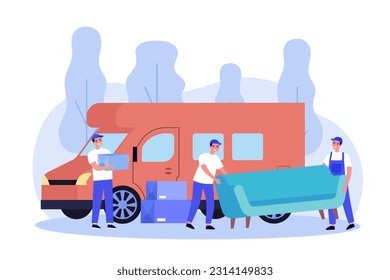 Happy workers loading boxes and furniture into truck. Movers carrying sofa, man holding cardboard box, moving service advertisement vector illustration. Relocation, transportation, advertising concept