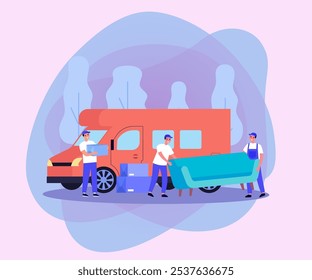 Happy workers loading boxes and furniture into truck. Movers carrying sofa, man holding cardboard box, moving service advertisement vector illustration. Relocation, transportation, advertising concept