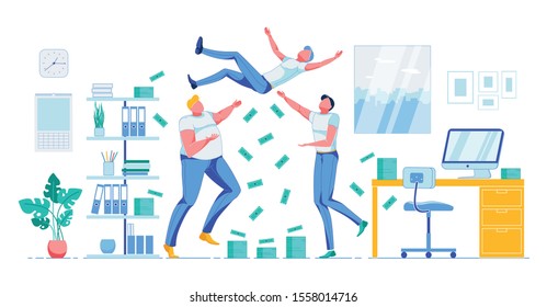 Happy Workers Team Celebrating Financial Success. Colleagues Greeting Coworker Throwing him up. Money Cash Dollar Banknote Piles and Currency Rain. Office Interior. Vector Flat Cartoon Illustration