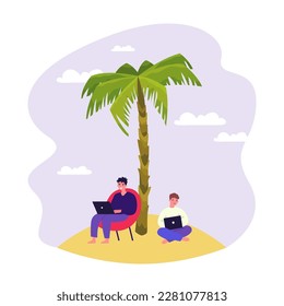 Happy workers working on laptops under palm tree. Men sitting on beach and working remotely while on vacation, flexible schedule flat vector illustration. Remote work, freelance concept