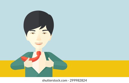 A happy working chinese man want to change his clothes as to change his position in the company. Successful concept. A Contemporary style with pastel palette, soft blue tinted background. Vector flat