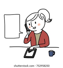 Happy working concept with cute woman talking on the phone while browsing internet for her information at her desk. Word balloon included. Vector illustration with hand-drawn style.