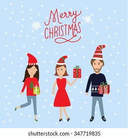 Happy working people and gift box for merry christmas vector. illustration EPS10.