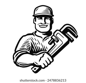 Happy working plumber with plumbing wrench. Service, construction work emblem or logo