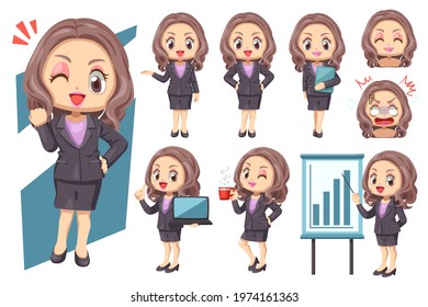 Happy working woman standing and working in different poses in cartoon character, Isolated flat, vector illustration