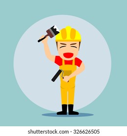 Happy workman bringing brush and roller 