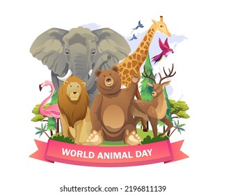 Happy World Animal Day concept design with cute animals bear, lion, giraffe, deer, elephant, and birds. Vector illustration in flat style