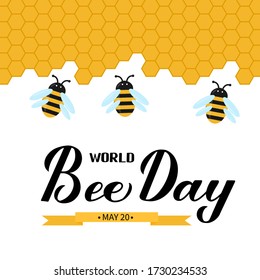 Happy World Bee Day calligraphy hand lettering with cute cartoon bees and honeycombs isolated on white. Easy to edit vector template for banner, poster, flyer, sticker, postcard, t-shirt, etc.
