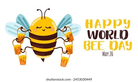 Happy World Bee Day greeting card. Horizontal banner with a hand drawn insect holding a bucket of honey in its legs on a white background