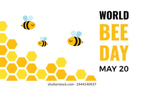 Happy World Bee Day May 20 celebration poster. Cute cartoon bees and honeycombs. Vector illustration in flat cartoon style 