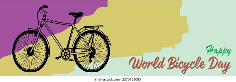 Happy World Bicycle Day. Bicycle hand drawn image. Sport Mountain bike symbol of ecological transport and active lifestyle. Poster, banner or card. Health, Equity, and Sustainability icon. EPS 10.