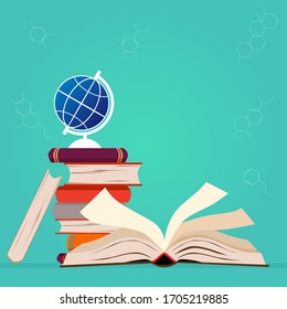 Happy World Book Day Concept. Book Research Biology Science And Dna On Green Background. Education Learning Concept With Opening Book On Green Background.