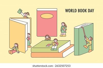 Happy World Book Day. Kids enjoying reading adventures with giant colorful books.