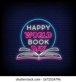 Happy World Book Day Neon Signs Style Text Vector