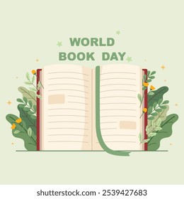 Happy world book day. Open book with leaves design. Magic of knowledge and imagination concept.