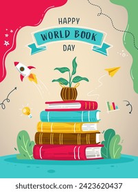 Happy World Book Day. Vector illustration with books, plants and rocket.