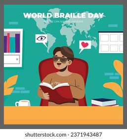 Happy World Braille Day. braille alphabet, blind day, world blind day, educational day. January 4. Conceptual Illustration of blind people see the world and universe through braille. Social Media