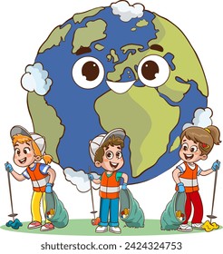 happy world and children clean the environment from garbage