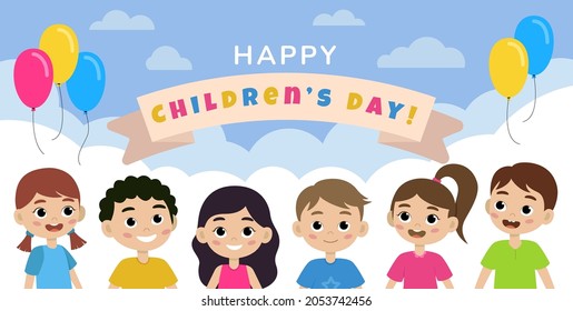 Happy world children's day banner concept. Children looking up to the sky with clouds and baloons. International kids holiday. Vector illustration design for greeting card, banner, web post