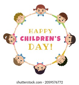Happy world children's day poster concept. Kids smiling and holding hands on circle forming a frame. International child holiday. Vector illustration design for greeting card, banner, web post, poster